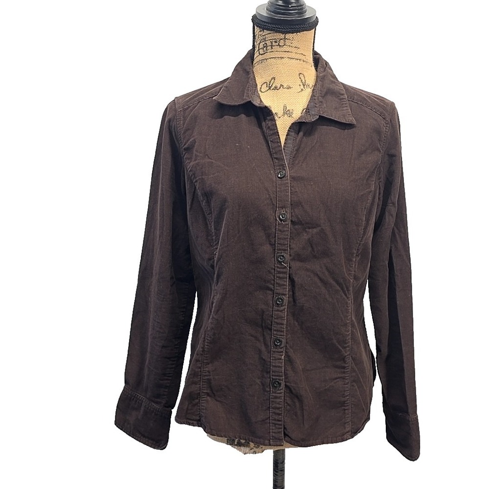 Eddie Bauer Brown Corduroy Button Up Shirt sz M‎ p Fitted Cotton Top Y2K Western